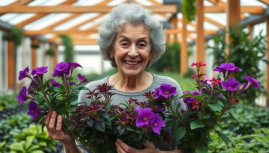 Elderly woman showcasing purple heucheras in greenhouse