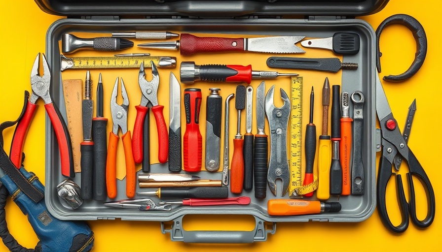 Essential tools for homeowners in a toolbox on a yellow surface.