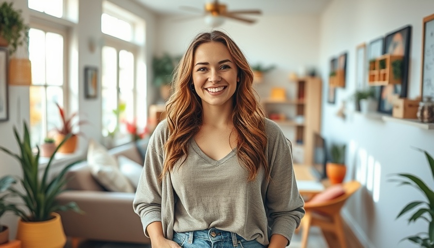 Budget DIY Home Transformation: Smiling woman in a cozy home setting with decor ideas.