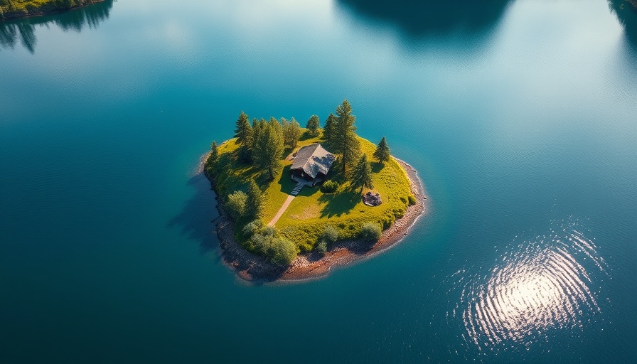 Aerial view of a Minnesota cabin on a forested island.