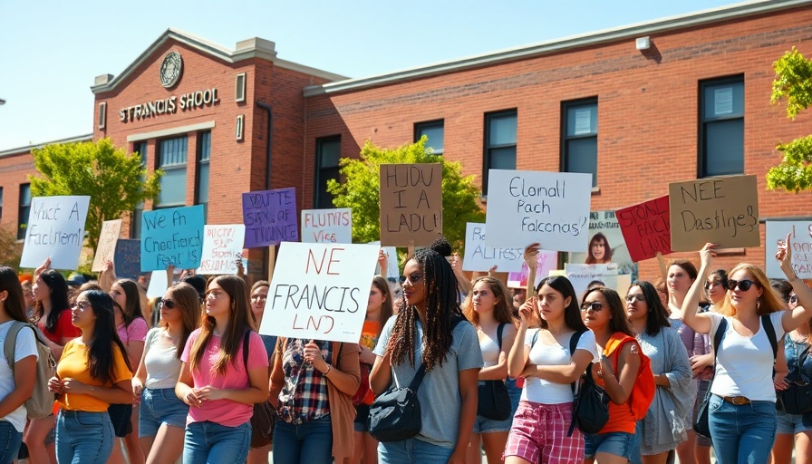 Students protest book bans at St. Francis High School entrance.