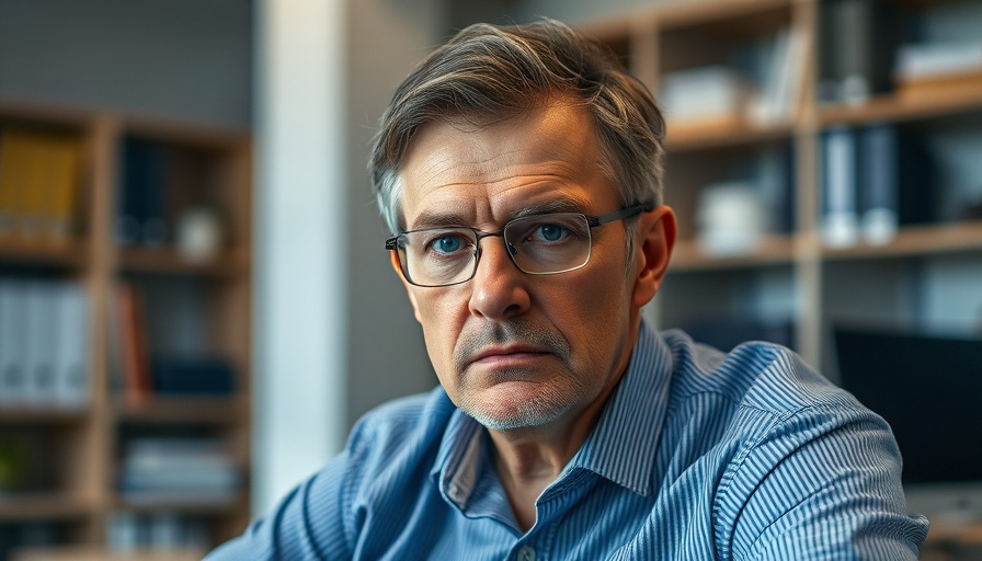 Serious middle-aged man in an office setting with glasses.