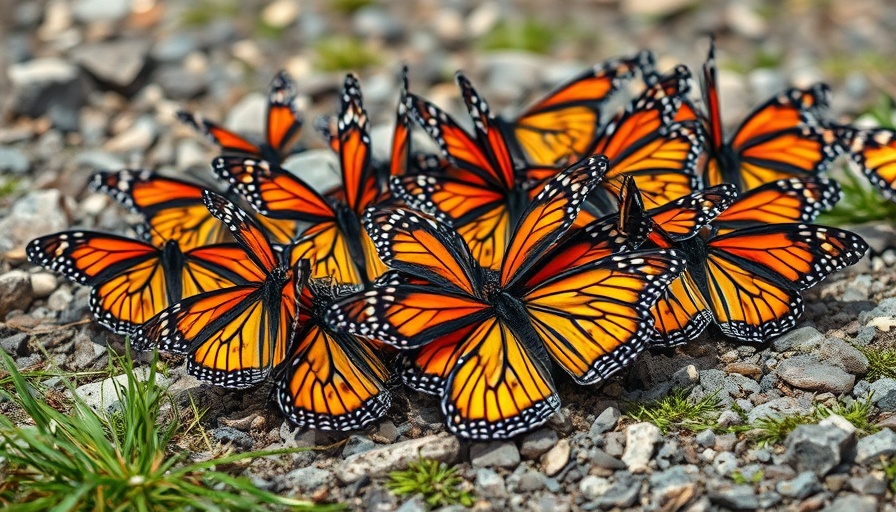 Cluster of monarch butterflies during migration on rocky ground.