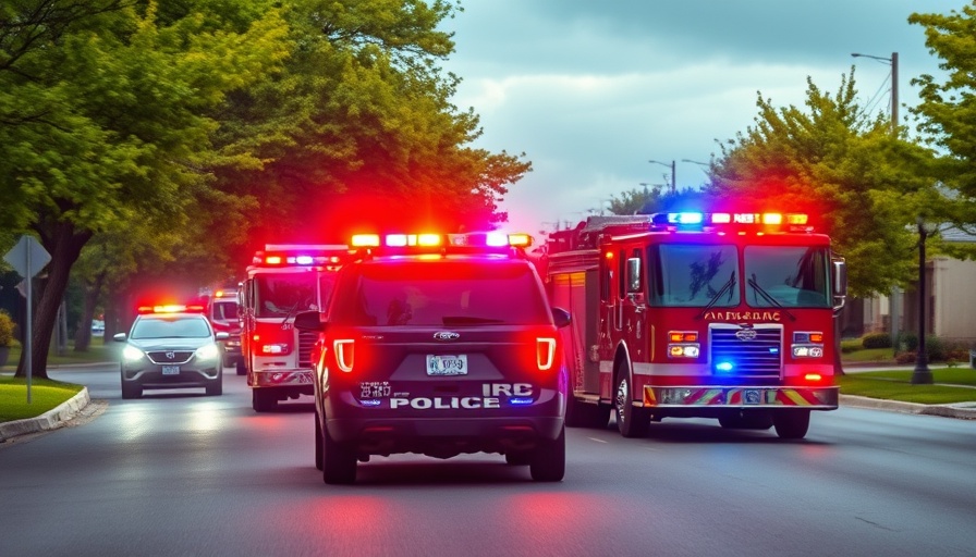 Emergency vehicles with flashing lights at incident scene.