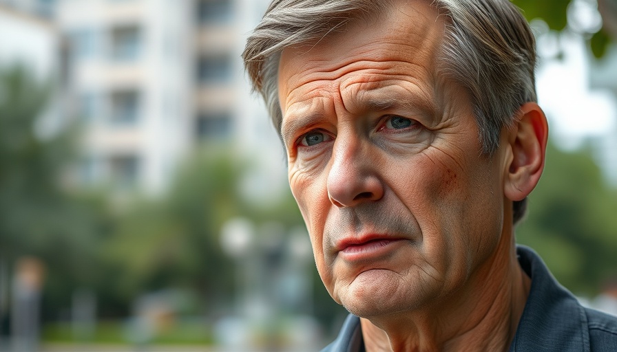 Middle-aged man speaking with serious expression, urban backdrop.