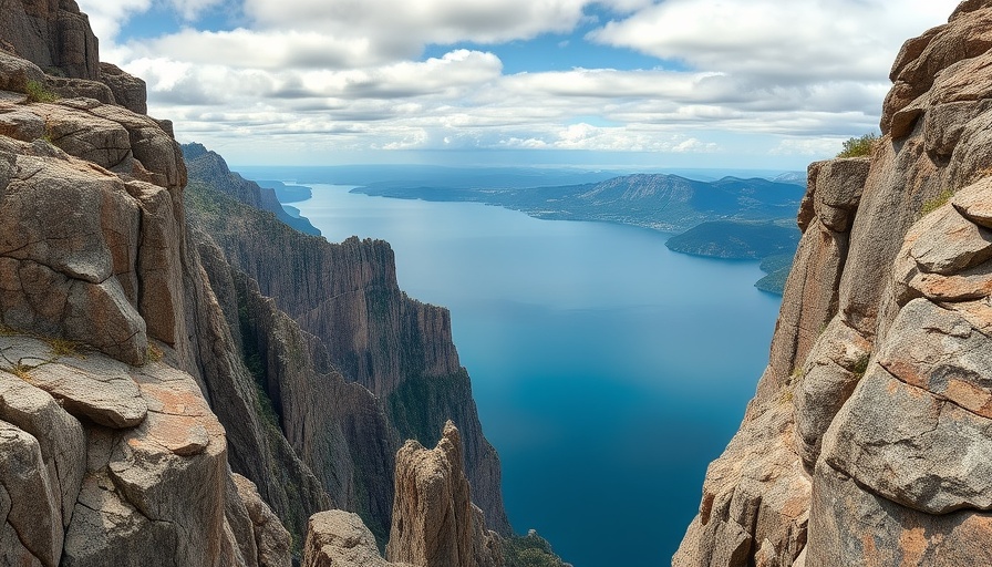 Steep cliff at Palisade Head over lake, rocky terrain, cloudy sky.