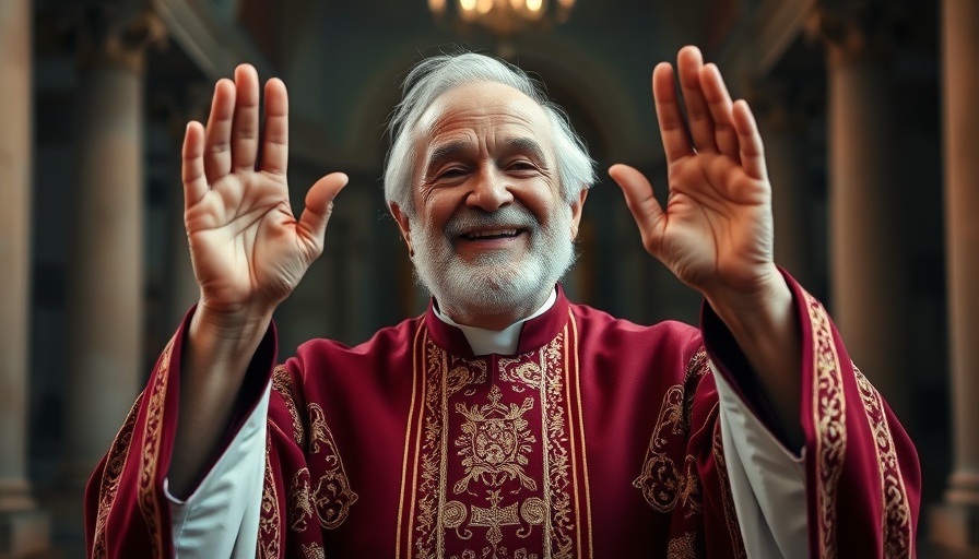 Religious figure smiling, hands raised in blessing, detailed vestments