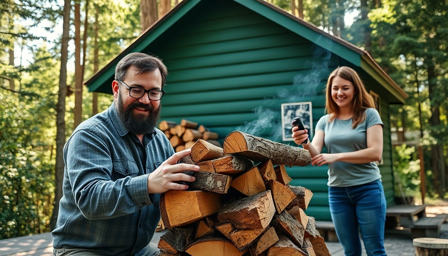 Residents preparing for wildfires, stacking wood near a cabin in the forest.