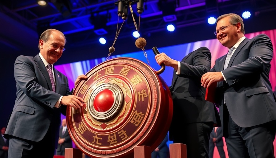 Business officials striking a gong at CATL IPO Hong Kong celebration.