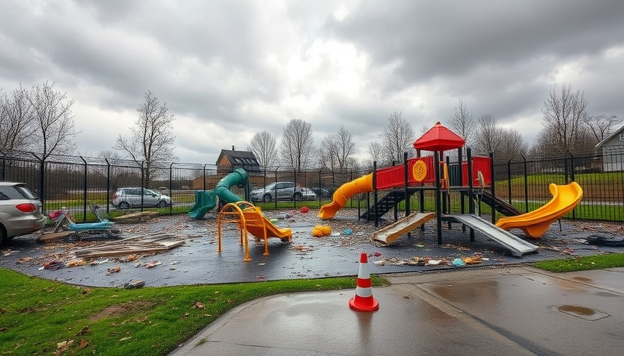 Devastated playground at daycare, bus crash debris scattered