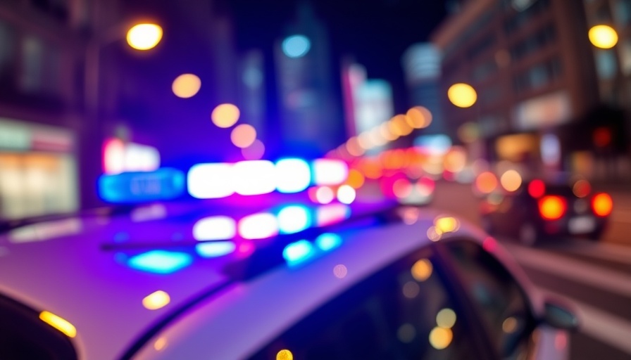 Close-up of flashing police lights at night near Mariucci Arena.