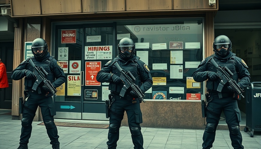 Police in tactical gear standing in a storefront entry