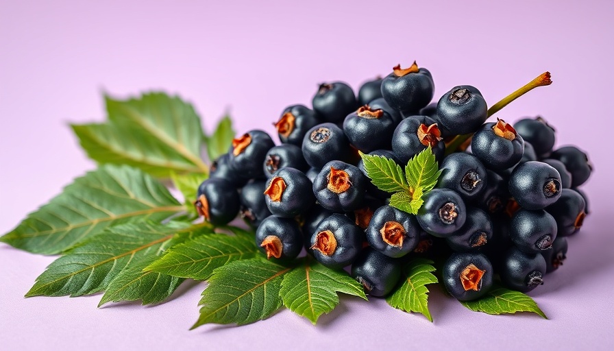 Elderberry cluster with green leaves on purple background.