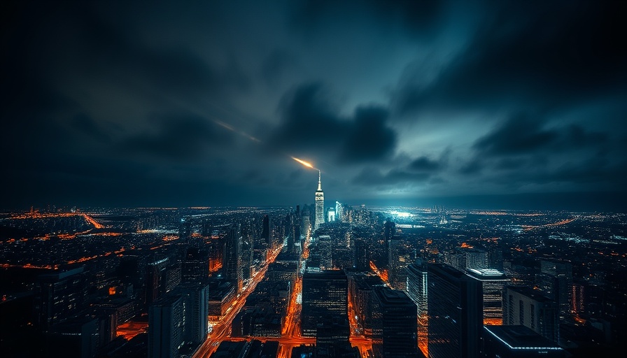 Tense nighttime cityscape with streaking lights over skyline, cloudy night