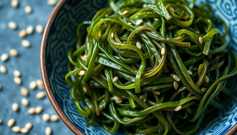 Bowl of seaweed, a natural source of iodine, on blue surface.