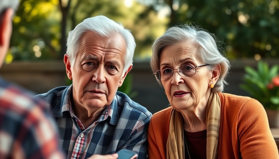 Elderly couple discussing Karen Read acquittal news outdoors.