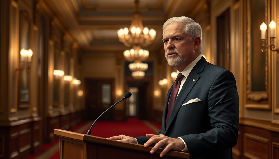 Formal man speaking at podium inside an ornate hallway.