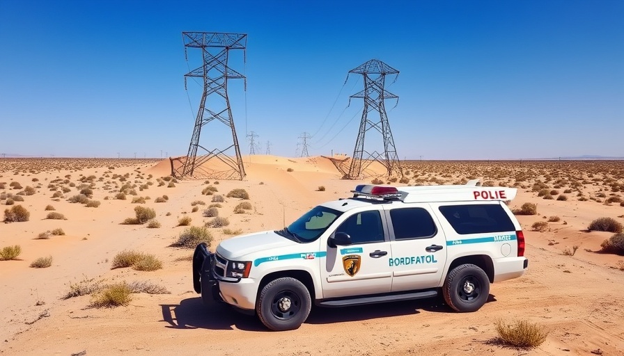 Border Patrol vehicle monitoring desert landscape under power lines.