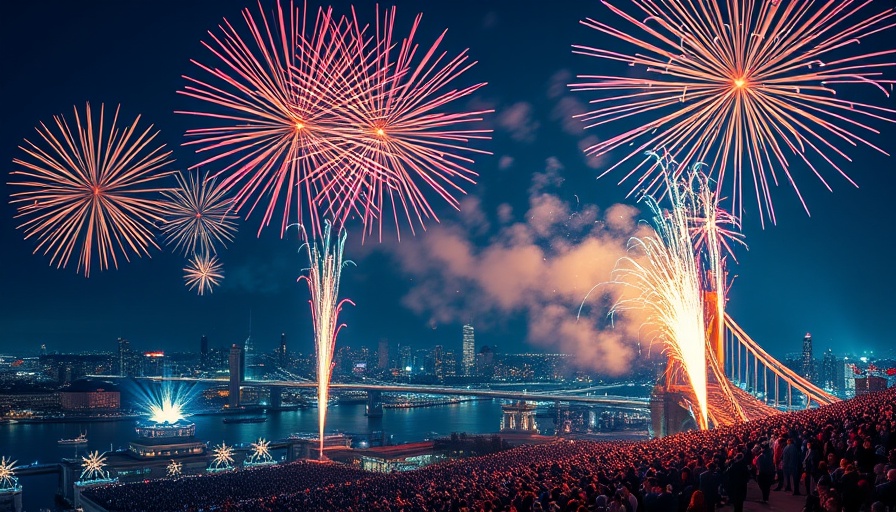 Vibrant fireworks display over city bridge for Fourth of July celebration.