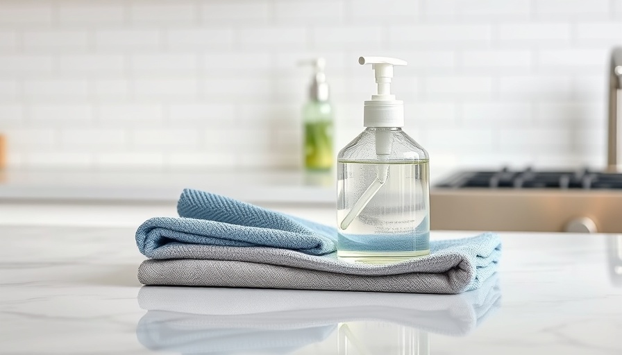 DIY foaming hand soap dispenser on marble with tile backdrop.