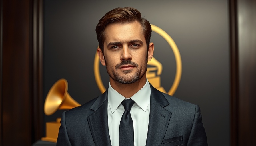 Man in blue suit at Grammy event backdrop, Sean Diddy Combs trial