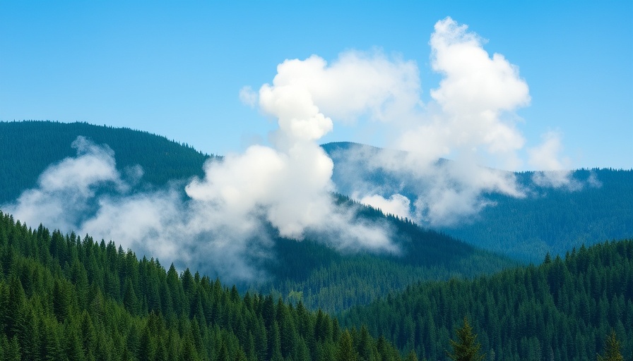 Smoke rising in forested Idaho mountains under clear sky.