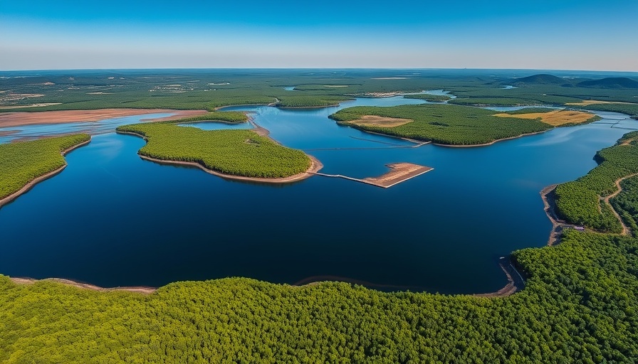 Aerial view of tailings basin expansion under blue sky.