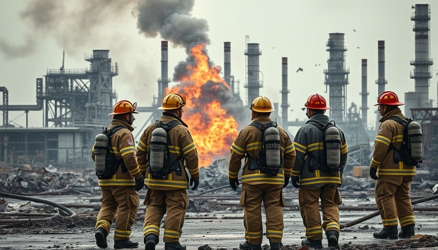 Firefighters assessing damage at Superior refinery explosion 1975