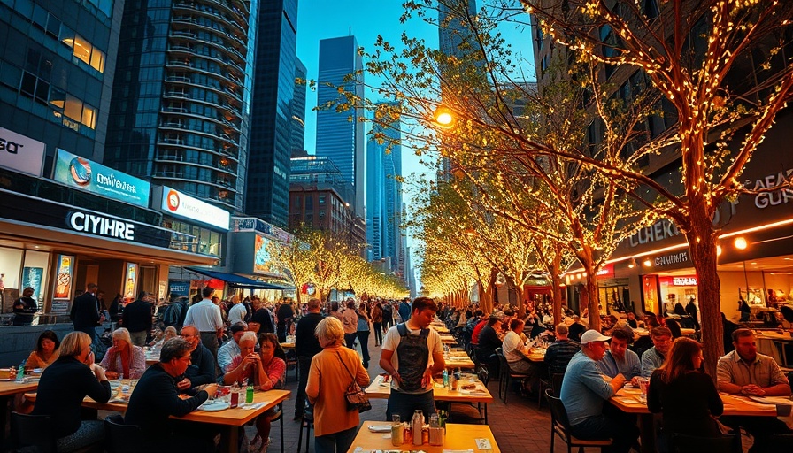 Dinner du Nord Minneapolis outdoor dining event with skyscrapers.