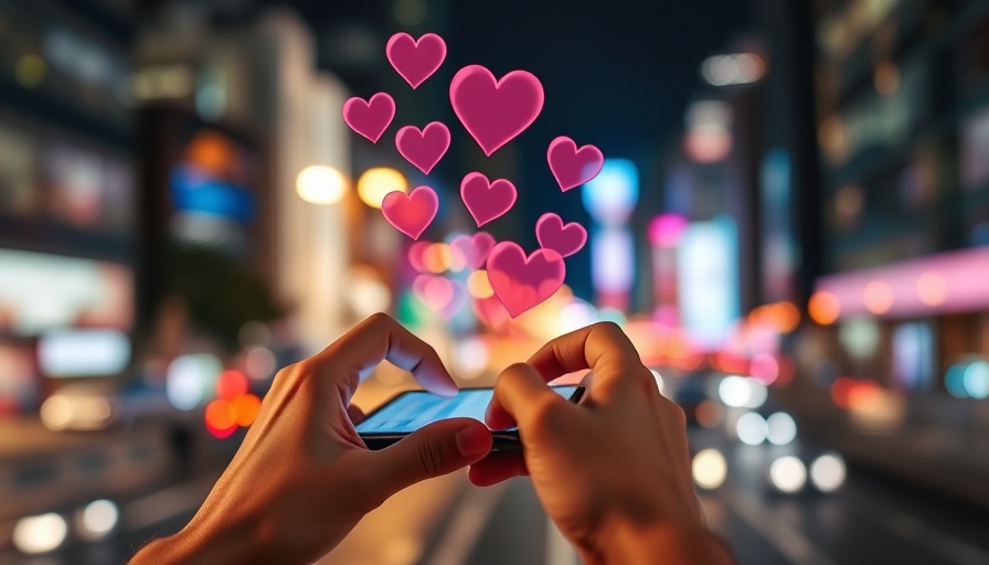 Hands on smartphone with AI dating app heart icons in city.