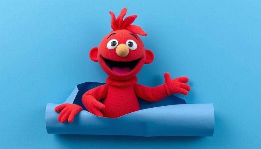 Elmo emerging playfully from a rolled blue paper with a cheerful expression.