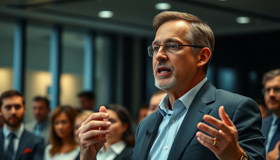 Middle-aged man speaking at an event, corporate setting, professional lighting.