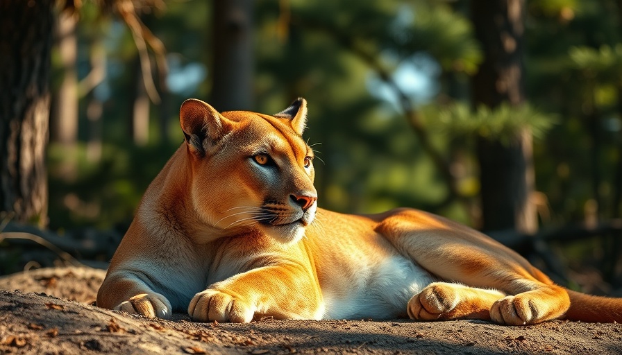 Mountain lion resting alert in forest, sunlit scene.