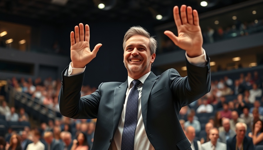 Man confidently waving at Minneapolis DFL endorsement event.