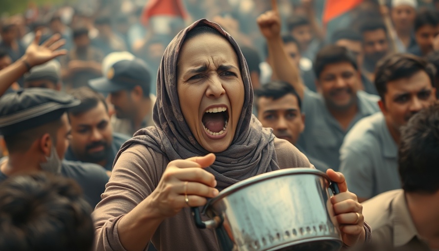 Emotional woman in Gaza holds pot amid aid struggle.