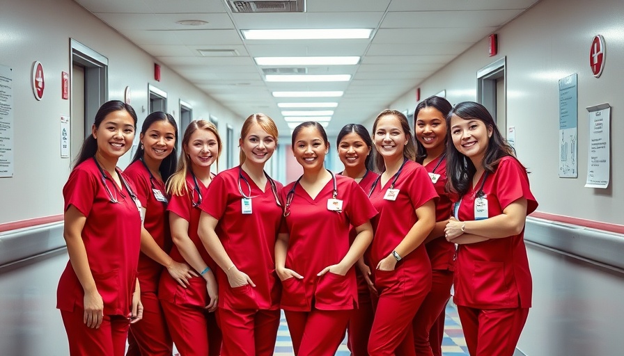 Group of nursing assistants in training posing in red uniforms.