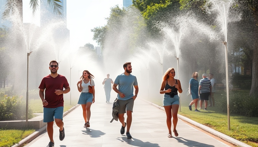 People enjoying mist to cool down during heat wave in southwest France