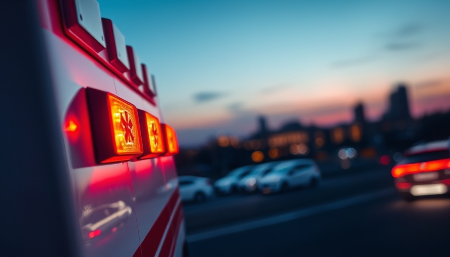 Ambulance with flashing lights at dusk reflecting urgency.
