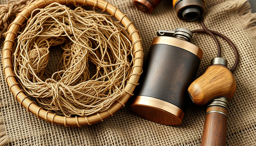 Vintage Minnesota outdoor adventure gear with rustic fishing net and flask.