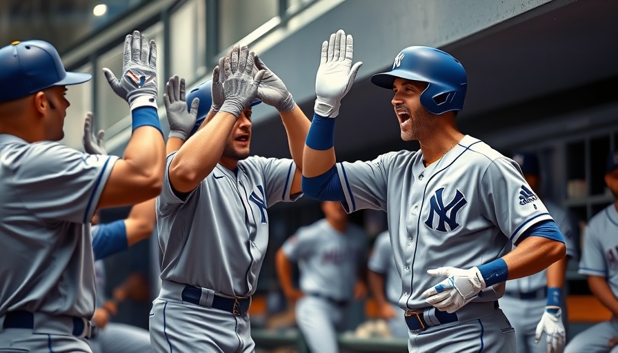 Baseball player high-fives in dugout, celebrating.