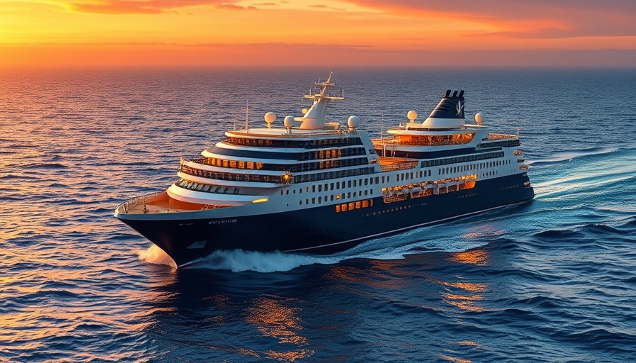 Luxurious Viking cruise ship at sunset on the ocean.