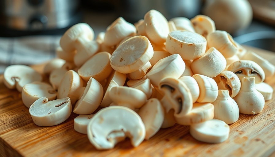 Close-up of raw sliced mushrooms on a cutting board.