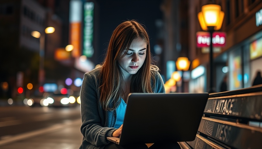 Young woman oversharing during travel on laptop at night in city.