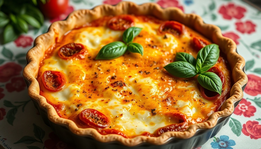 Homemade Tomato-Cheddar Pie with basil on a floral cloth.