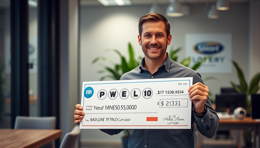 Minnesota police officer wins Powerball holding a giant check indoors.