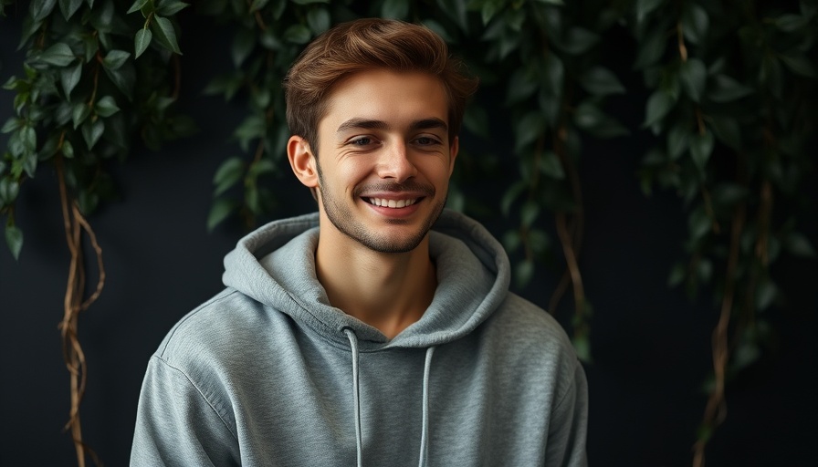 Casual man in gray hoodie with background plants. Missing Esko man Antonio Sarazua.