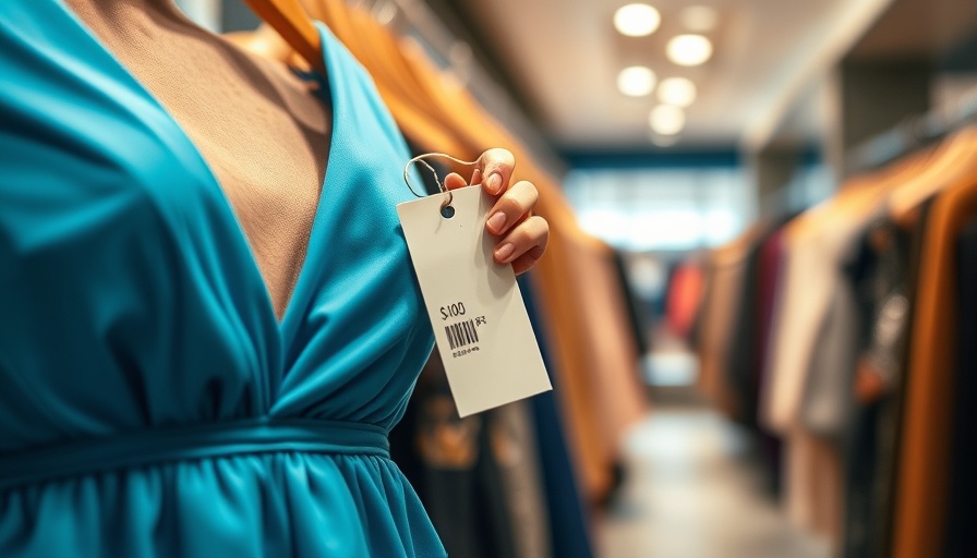 Hand examining price tag on a blue dress indicating tariff inflation impact.