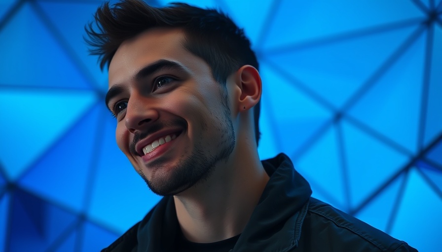 Close-up of person with black jacket against a blue background, smiling.