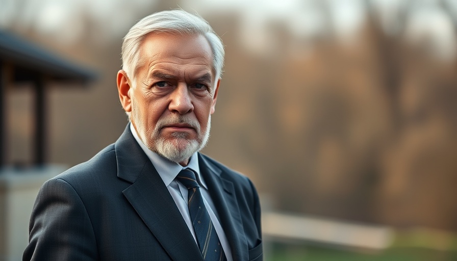 Elderly man in suit with serious look, natural blurred background.