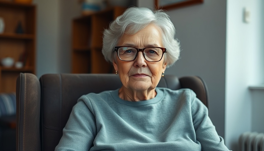 Elderly woman seated, neutral expression, simple indoor setting.